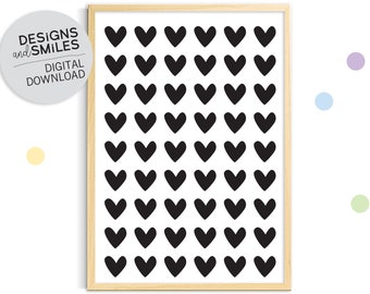Nursery room decor art print, valentines day, love present, monochrome hearts wall art printable digital download