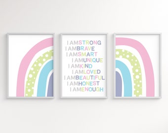 Kids affirmations, I am enough, rainbow Printable wall art, growth mindset, set of three pastel colors, inspirational quotes, playroom decor