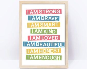 I am enough, colorful Kids affirmations printable wall art, inspirational quote print, homeschool wall decor, Playroom Wall Art