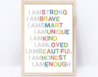 Kids affirmations, I am enough, colorful printable wall art, inspirational quote print, homeschool wall decor, Playroom Wall Art