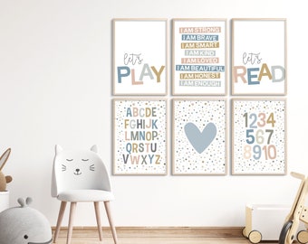 Afirmaciones empoderadoras para los niños, Conjunto de 6 salas de juegos Arte de pared imprimible, Alfabeto y números, Vamos a jugar, Leamos, corazón azul, género neutro