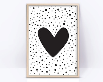 Monochrome Printable wall art, black and white heart print, Nursery print, baby shower gift, children room wall decor, playroom print