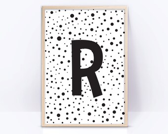 Letter R Monogram sign, Black and white baby room decor name sign, initial letter, monochrome nursery art print