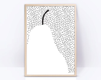 Pear printable wall art, black and white fruit art print, modern kitchen decor, home wall art, cooking art, monochrome digital print