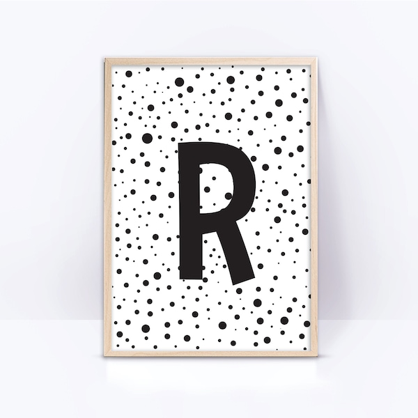 Letter R Monogram sign, Black and white baby room decor name sign, initial letter, monochrome nursery art print