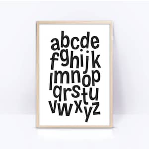 Druckbare Wandkunst, schwarz weiß, ABC Poster, Alphabet Druck, Pädagogisches Schild, Spielzimmer Dekor, Kinderzimmer druckbar, Kinderzimmer