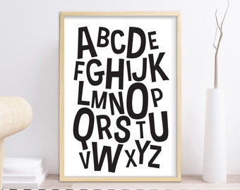 Alphabet monochrome printable Wall Art, digital abc Print black and white Kids Room Decor Nursery Letters Playroom print