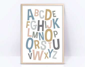Neutral gender Alphabet print, Wall Art printable, Playroom print, digital abc poster colorful Kids Room Decor ABC Nursery Letters