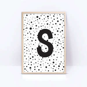 Pierwsza litera S, monogram, czarno-biały wystrój pokoju dziecięcego, pierwsza litera, monochromatyczny wydruk artystyczny do pokoju dziecięcego