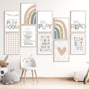 Set of 10 Playroom posters, empowering Printable wall art, ABC print, learning numbers 1-10, Lets Play, Lets Read quotes, rainbow signs