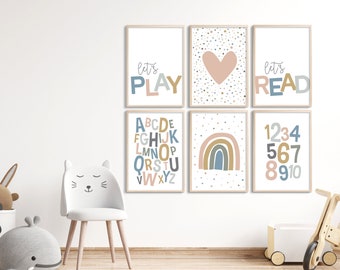 Printable wall art, Set of 6 Playroom kids posters, Alphabet and numbers, Lets Play, Lets Read, rainbow, pink heart, neutral room decor