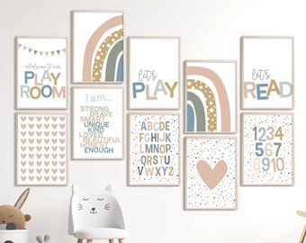 Set of 10 Playroom posters, empowering Printable wall art, ABC print, learning numbers 1-10, Lets Play, Lets Read quotes, rainbow signs