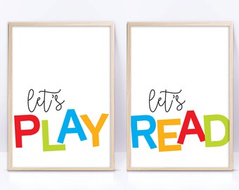 Lets play, lets read colorful printable wall art set, playroom signs, digital prints Neutral gender, reading corner prints