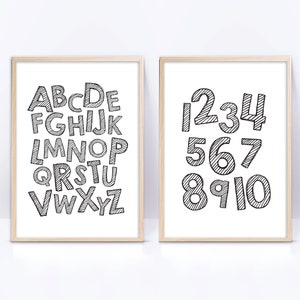 Alphabet and Numbers set of printable wall art, black and white printable wall art, abc print and numbers print