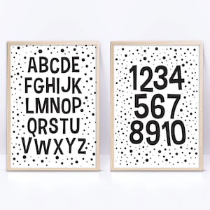 schwarz weiß ABC & ZAHLEN druckbares Wandkunst Set, monochrome Digitaldrucke Alphabet und Zahlen Playroom Digitaldrucke