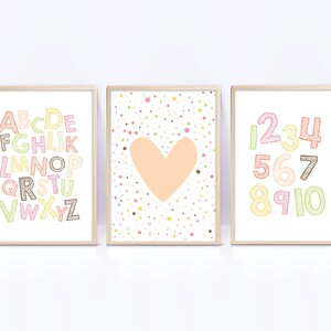 Educational playroom wall art, kids room printable decor, alphabet and numbers 1-10, set of 3, heart poster, girls room, learning prints