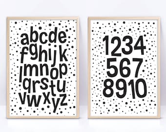 Set of two printables, ABC & NUMBERS black and white printable wall art, alphabet and numbers monochrome Playroom digital prints