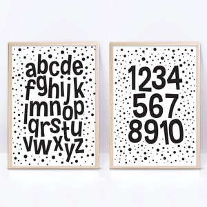 Set von zwei Printables, ABC & NUMBERS schwarz weiß druckbare Wandkunst, Alphabet und Zahlen monochrome Playroom Digitaldrucke