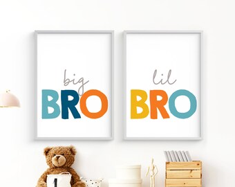 Big Bro, Lil Bro, playroom signs, printable wall art set, digital prints, big brother little brother prints, kids room decor