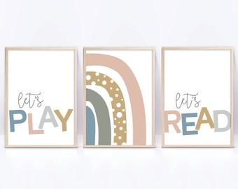 Printable wall art, set of three playroom prints, lets play, lets read, colorful rainbow, kids room decor, playhouse pictures