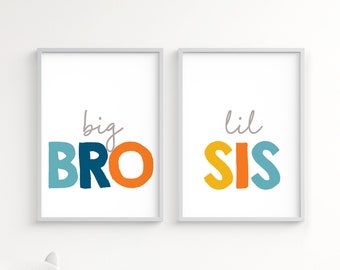 Big Bro, Lil Sis, playroom printable wall art set, digital prints, big brother little sister prints, kids room decor, siblings room