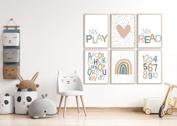 Printable Wall Art Set Of 6 Playroom Kids Posters Alphabet Etsy