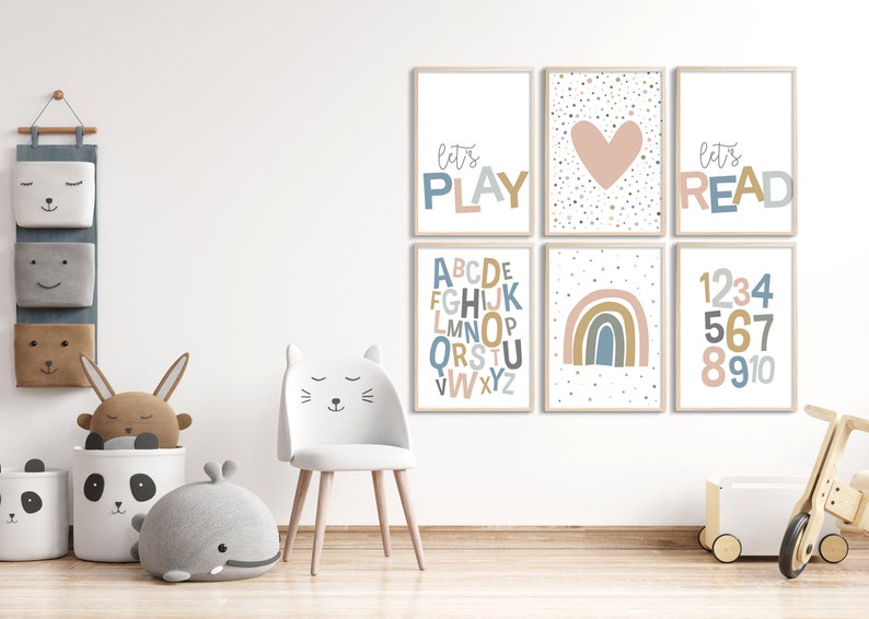 Printable wall art, Set of 6 Playroom kids posters, Alphabet and numbers, Lets Play, Lets Read, rainbow, pink heart, neutral room decor image 1