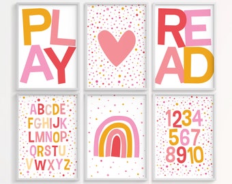 Set of 6 Playroom kids posters, Printable wall art, Alphabet and numbers, Play and Read kids art, rainbow, pink heart, girls room decor