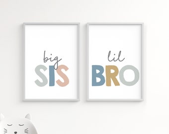 Big Sis, Lil Bro printable wall art, big sister, little brother, playroom signs, set of two siblings poster, kids room prints, nursery decor