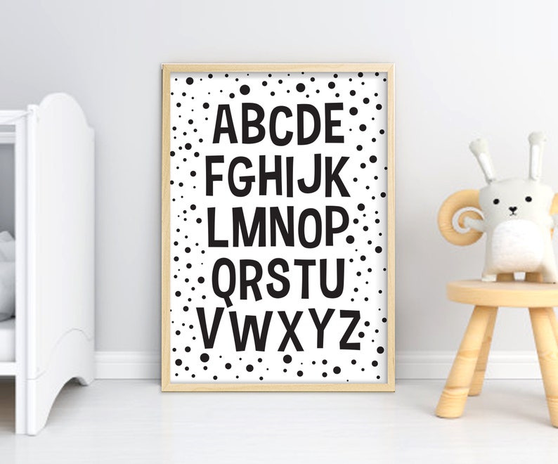 Alphabet monochrome printable Wall Art, digital abc Print black and white Kids Room Decor Nursery Letters Playroom print image 4
