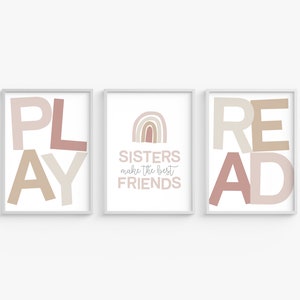 Sisters make the best friends, Play and Read signs, playroom printable, set of three, printable wall art, digital download, Girls room Decor