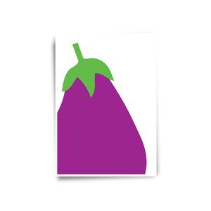 May include: A purple eggplant with a green stem and leaves. The eggplant is a common vegetable used in many cuisines.