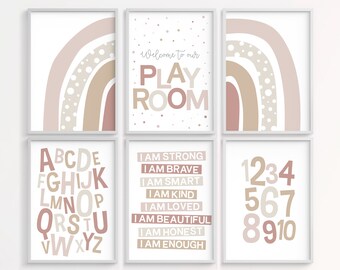 Playroom set of 6, printable wall art, welcome sign, empowering quotes, I am enough, Alphabet poster, Rainbow prints, 123 numbers print