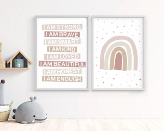 Aspiration quotes, empowering kids, Rainbow sign, printable wall art, I am kind, I am enough, set of two, neutral gender playroom prints