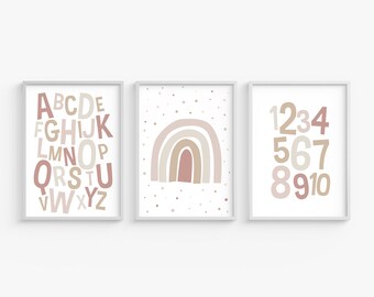 Rainbow poster, Learning signs, set of three, abc printable wall art, Alphabet poster, playroom decor, numbers print, Nursery Decor