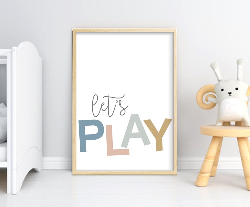 Printable wall art, Set of 6 Playroom kids posters, Alphabet and numbers, Lets Play, Lets Read, rainbow, pink heart, neutral room decor image 2