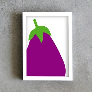 May include: A white frame with a purple eggplant illustration on a white background. The eggplant has a green stem and leaves.