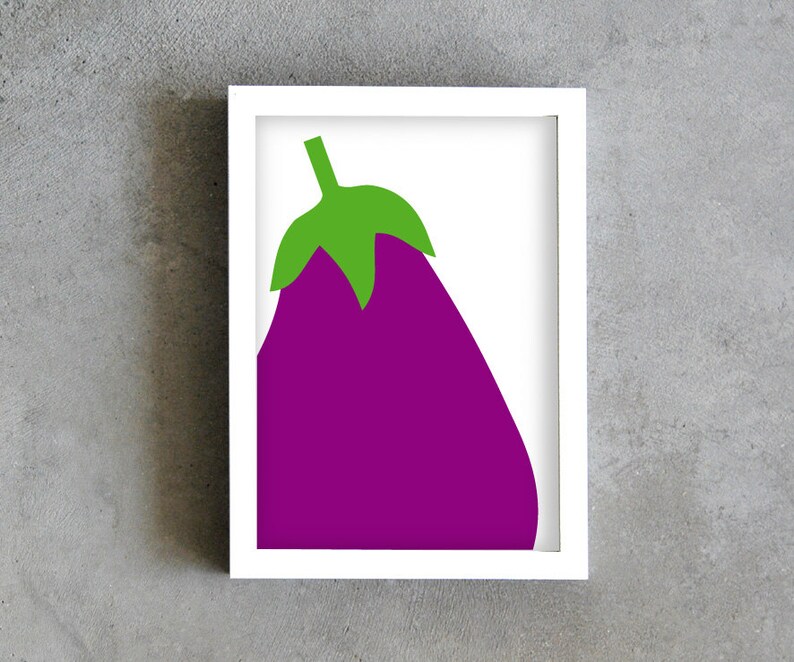 May include: A white frame with a purple eggplant illustration on a white background. The eggplant has a green stem and leaves.