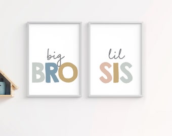Big Bro, Lil Sis, brother and sister playroom signs, siblings printable wall art set, big brother little sister prints, nursery room decor