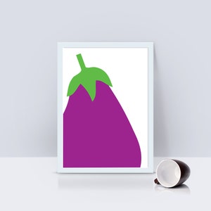 May include: A white framed print of a purple eggplant with a green stem on a white background.