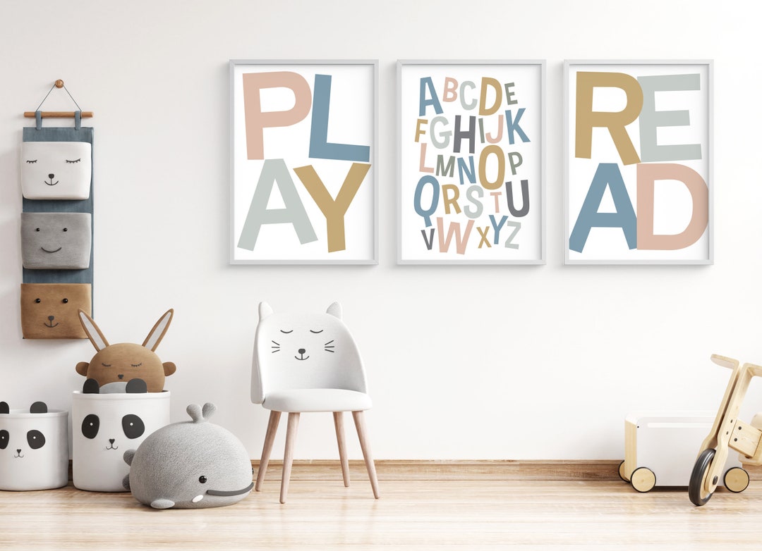 Set of Three Playroom Printable Wall Art, Play, Read, Alphabet Sign, to ...