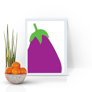 May include: A white framed print with a purple eggplant illustration on a white background. The eggplant has a green stem and leaves.