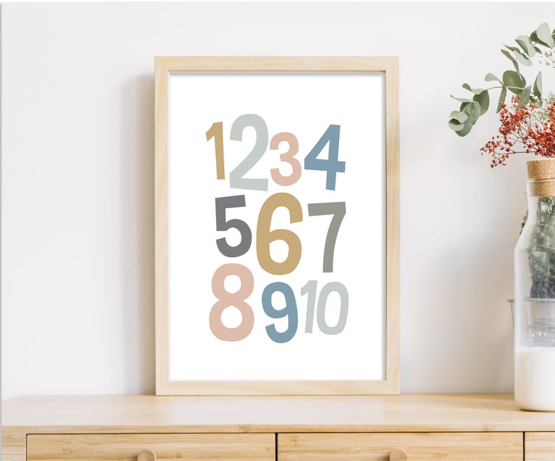 Printable wall art, Set of 6 Playroom kids posters, Alphabet and numbers, Lets Play, Lets Read, rainbow, pink heart, neutral room decor image 5