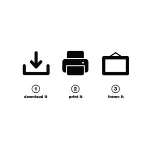 May include: Three black icons with white outlines and numbers. The first icon is a download arrow, the second is a printer, and the third is a picture frame. The text below the icons reads "1 download it", "2 print it", and "3 frame it".