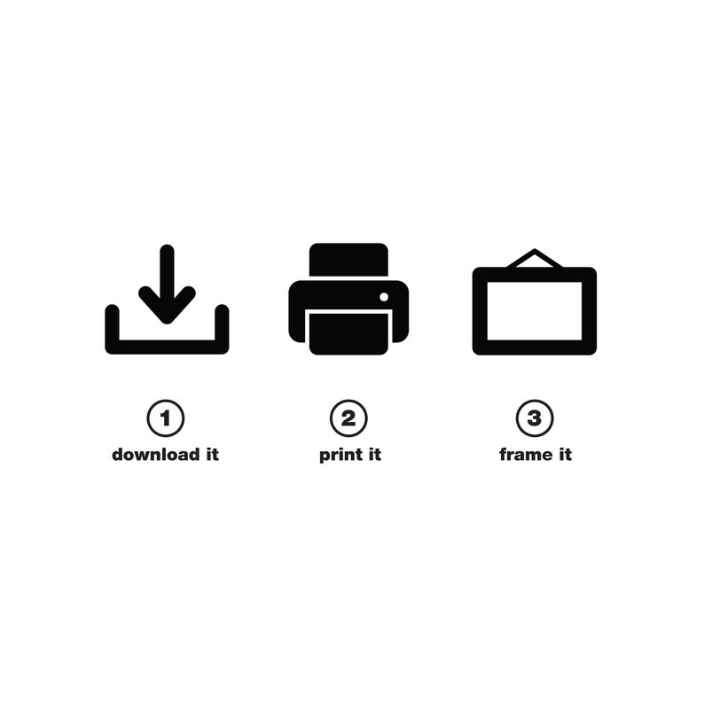 May include: Three black icons with white outlines and numbers. The first icon is a download arrow, the second is a printer, and the third is a picture frame. The text below the icons reads "1 download it", "2 print it", and "3 frame it".
