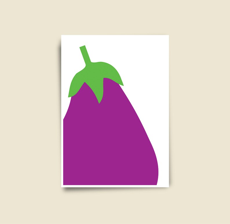 May include: A simple illustration of a purple eggplant with a green stem and leaves.