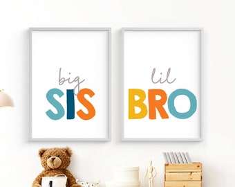 Big Sis, Lil Bro, playroom printable wall art set, digital prints, big sister little brother prints, kids room decor, siblings room