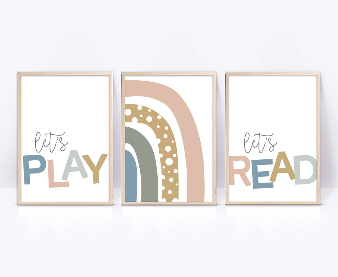 Printable Wall Art, Set of Three Playroom Prints, Lets Play, Lets Read ...
