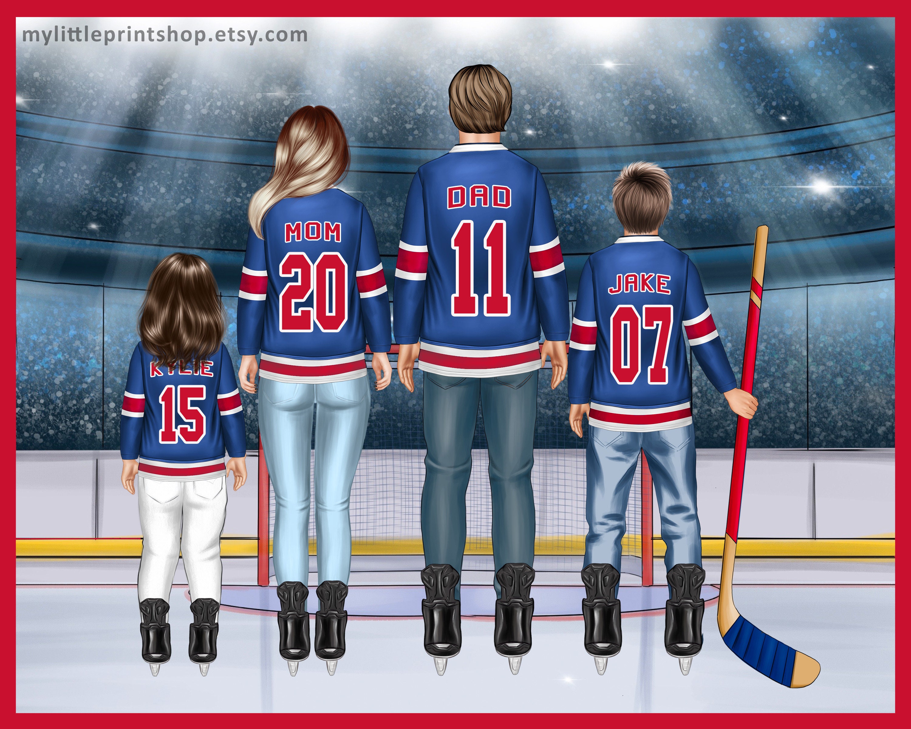 Hockey Family Portrait // Customized Family Drawing from Behind // Hockey Art Work // Digital File // New York Rangers Hockey