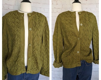 Vintage Pea Green Button Front Jacket /Gene Ewing Bis /  Lightweight Cotton / Shoulder Pads